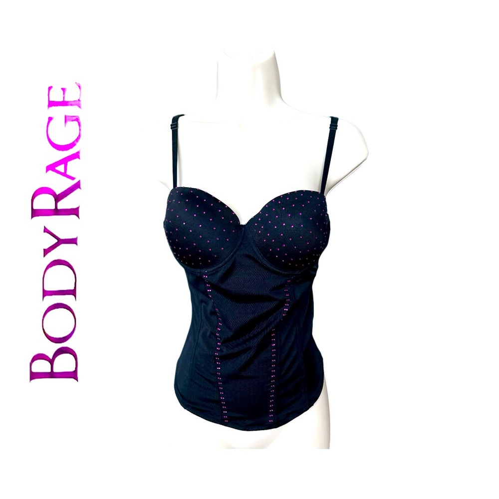 Body Rage Intimates Bustier Corset Top. Black with Hot Pink Rhinestones. Size L
